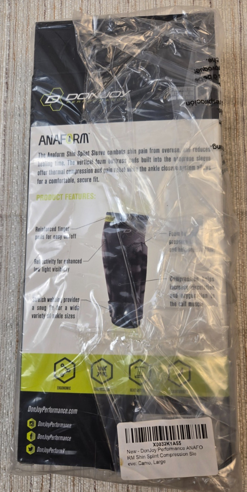 Donjoy Performance Proform Anaform Shin Splint Sleeve Camo Size Large NEW NIB