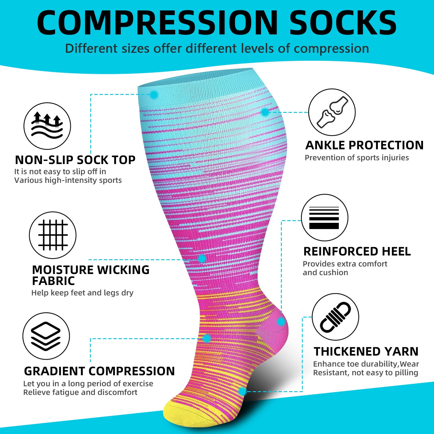 5 Pairs Plus Size Medical Compression Socks – 20-30 mmHg Knee High For Sports US