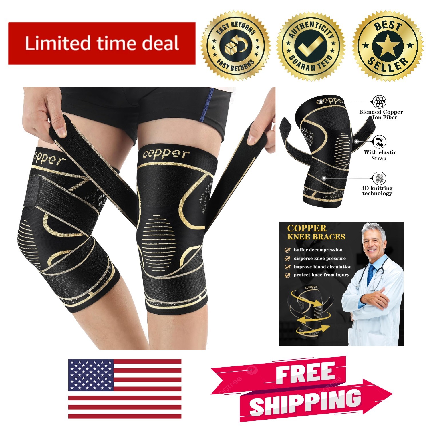 2-Pack Copper Compression Knee Sleeves – Anti-Slip XX-Large Support for Athletes
