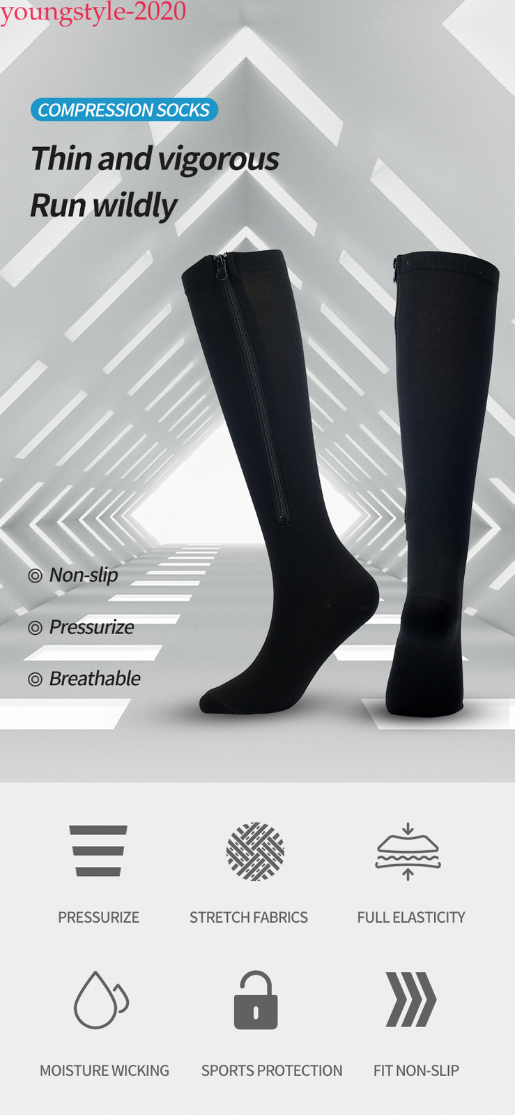 Zip-Up Compression Socks 20-30 mmHg Knee-High Unisex Leg Calf Support Stockings