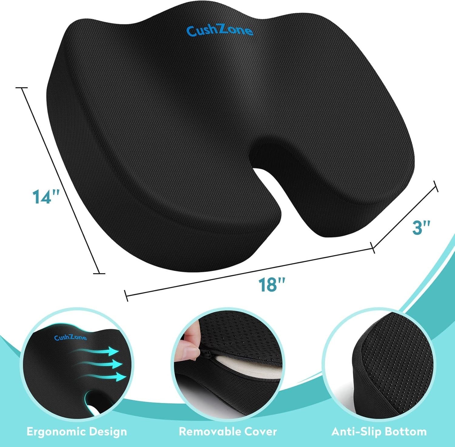 Gel Memory Foam Seat Cushion Cooling U-Shaped Office Chair Pad Black