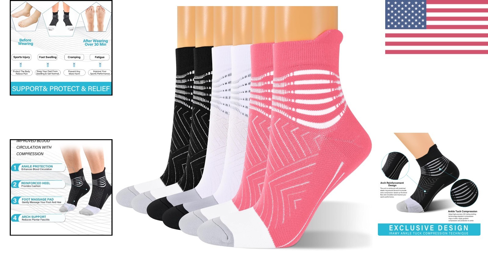 Compression Ankle Support Socks for Women | Plantar Fasciitis Relief – 3 Pairs