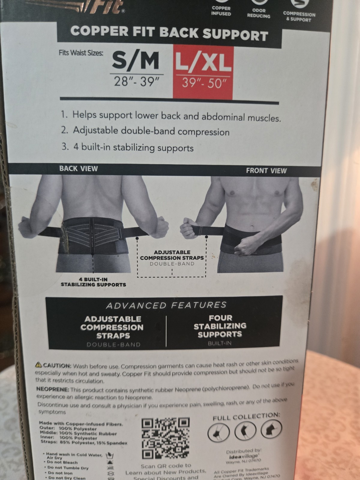 Copper Fit Back Pro Back Support Belt L/XL Black Adjustable Compression Straps