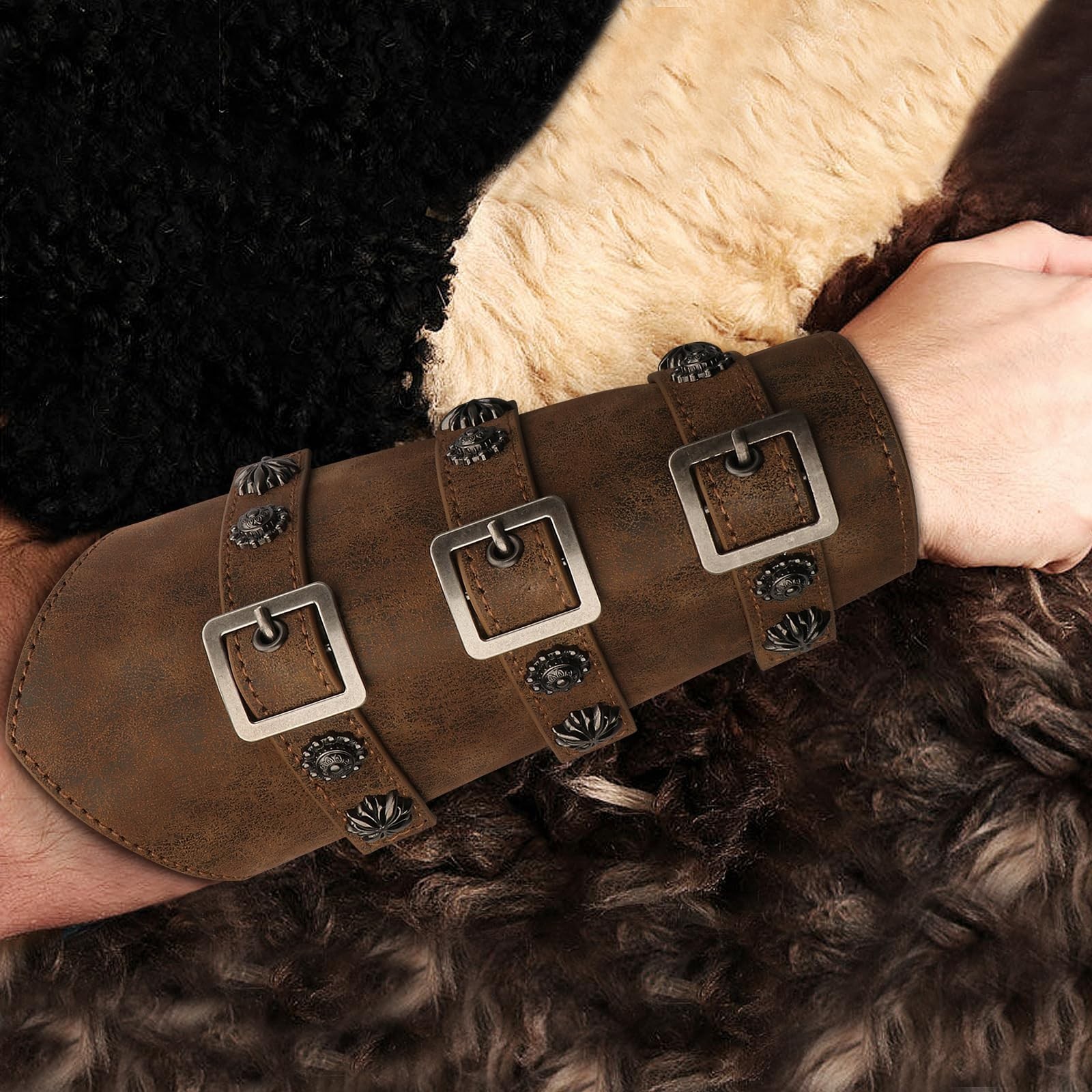 Medieval Leather Arm Bracer Gauntlet Wristband – Brown Buckle Cuffs for Costumes