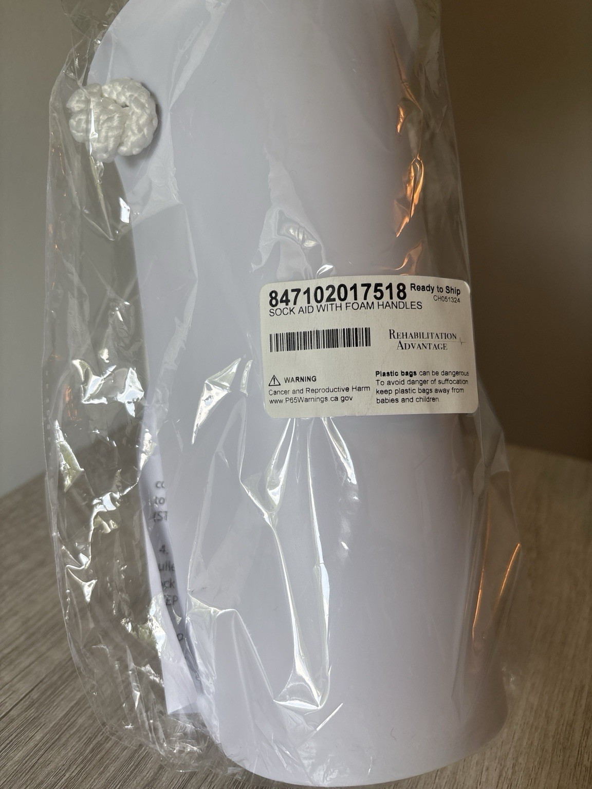 Rehabilitation Advantage Sock Aid Dressing Aid, White Plastic w/ Foam Handles