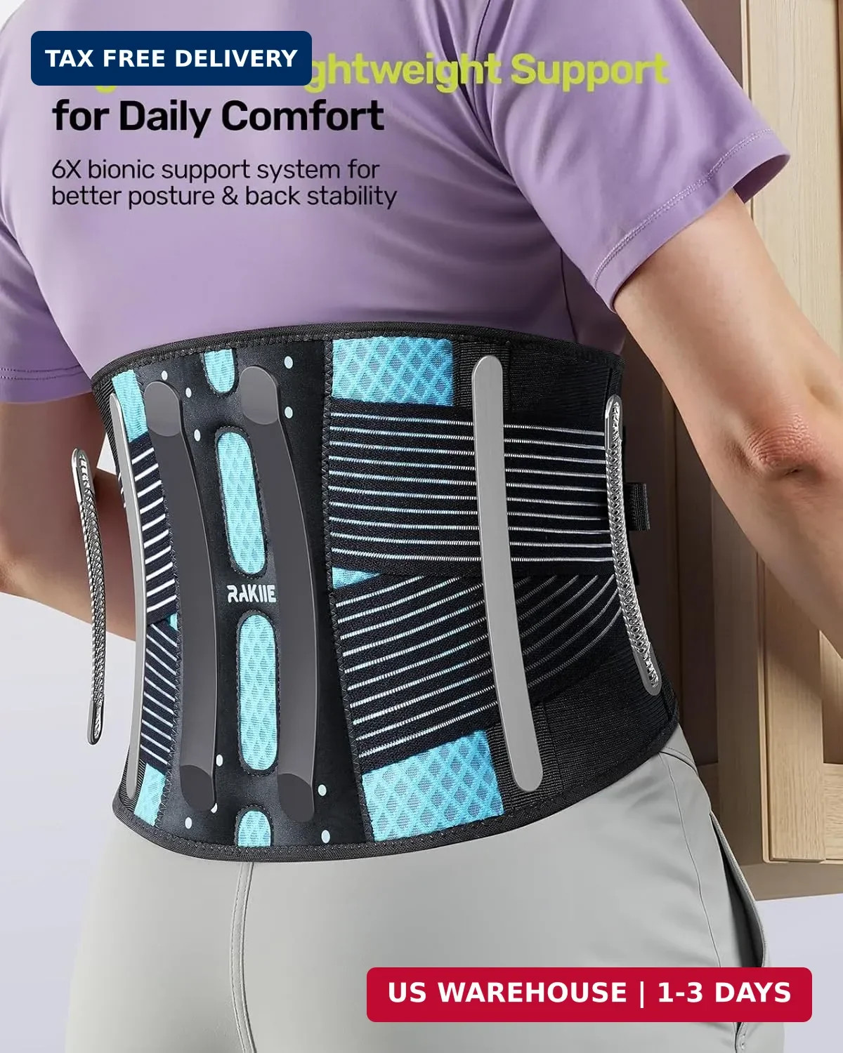 Rakiie Slim Back Brace for Lower Back Pain Relief, Lightweight & Breathable Back