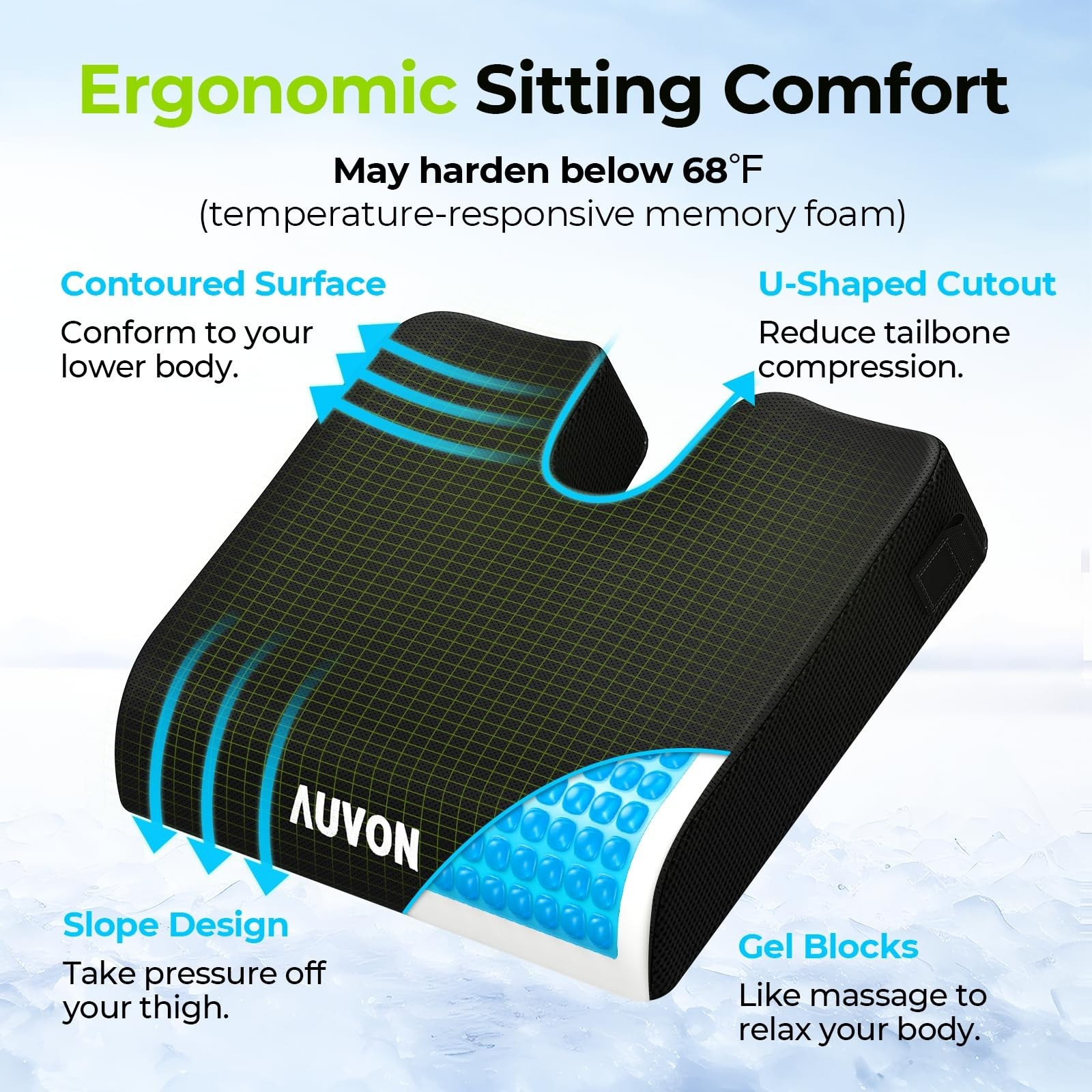AUVON Gel Wheelchair Seat Cushion, Relieve Sciatica, Back, Medium, Black