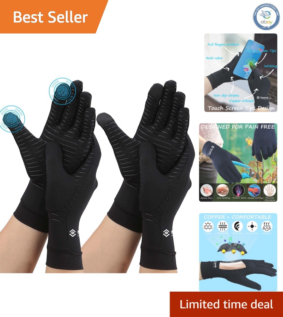 Large Compression Arthritis Gloves – Copper Touch Screen Full Finger Support