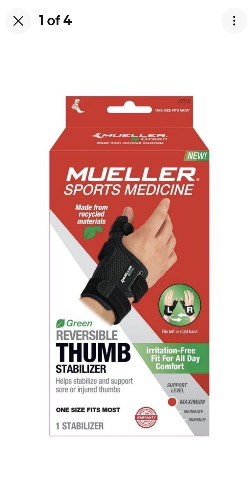 Mueller Sports Medicine Reversible Thumb Stabilizer, Black Fits 5.5-10.5″ 62712