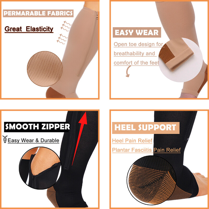 1 Pairs Copper Zipper Compression Socks Support Graduated Stockings 20-30mg