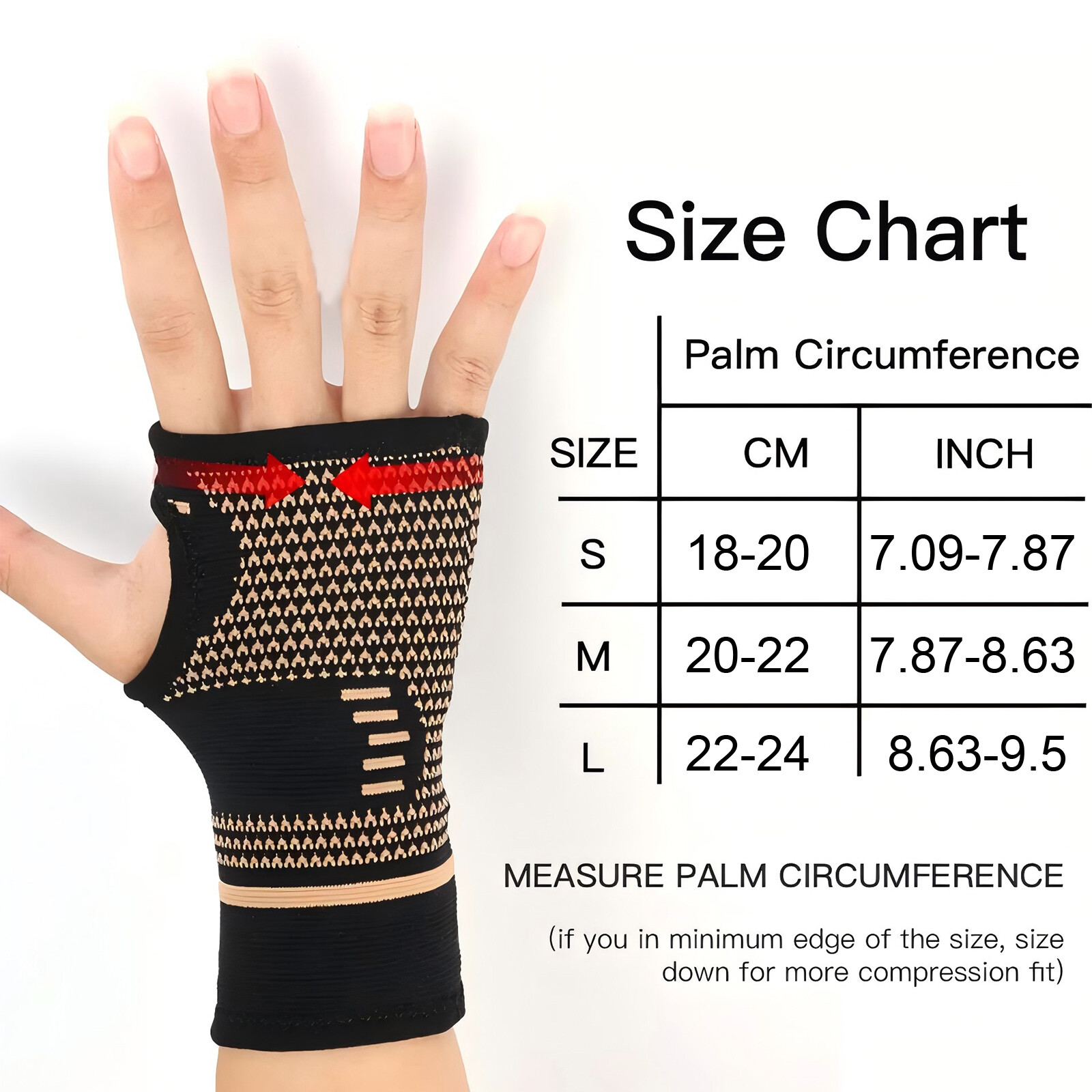 Single Copper Wrist Compression Glove Hand Support Pain Relief Joint Self Care