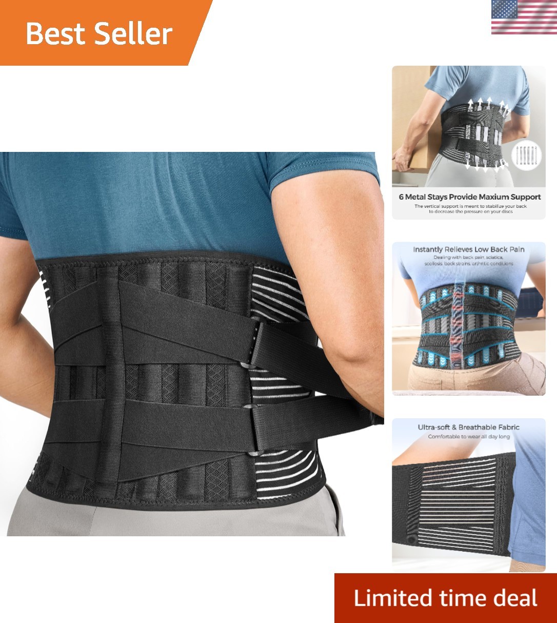 Back Brace for Lower Back Pain Relief – Adjustable with 6 Support Stays