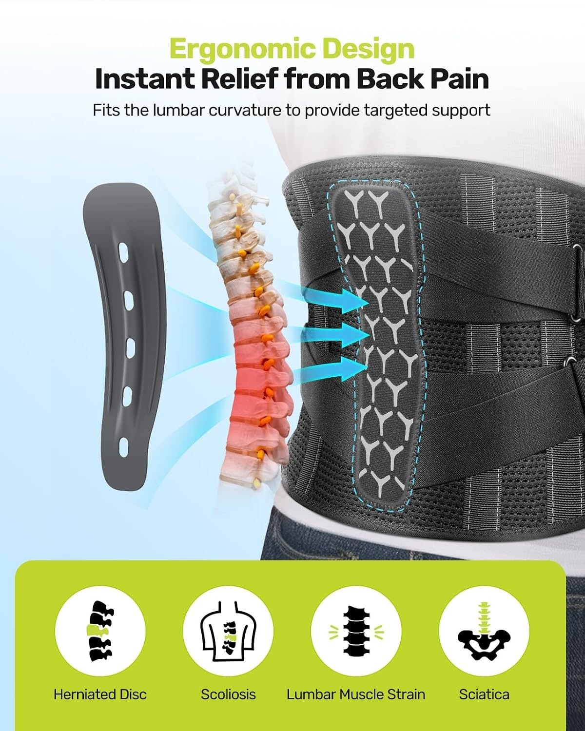 Ergonomic Back Brace for Pain Relief: Adjustable Support with Lumbar Pad, Gray M