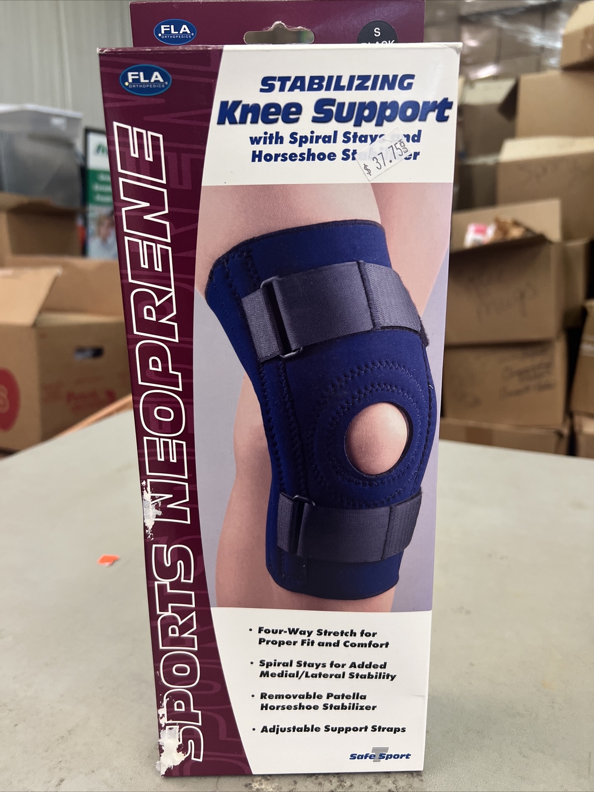 FLA Small Stabilizing Knee Support w/Spiral Stays & Horseshoe Stabilizer Blk NIB
