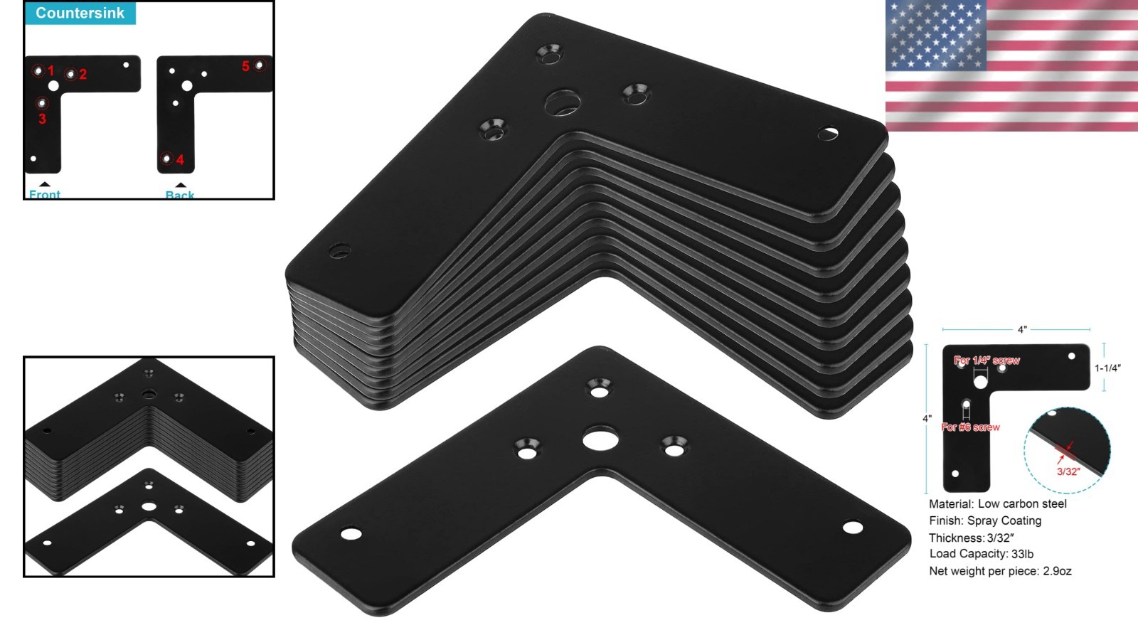 10 Count Black Corner Brace 4″x4″ – Rust-Resistant Steel for Superior Strength