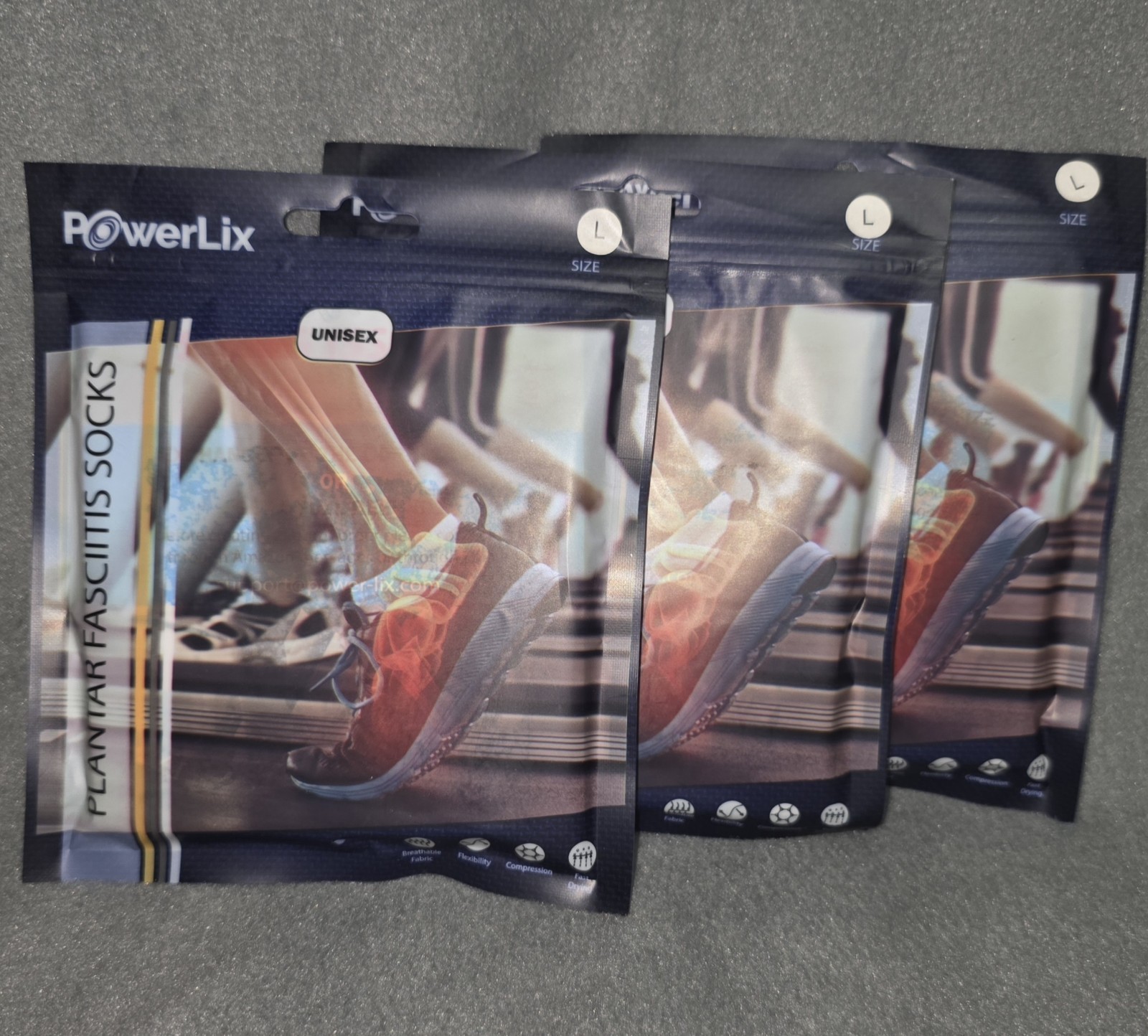 PowerLix Unisex Plantar Fasciitis Socks Black 3 Pairs Size L Compression New