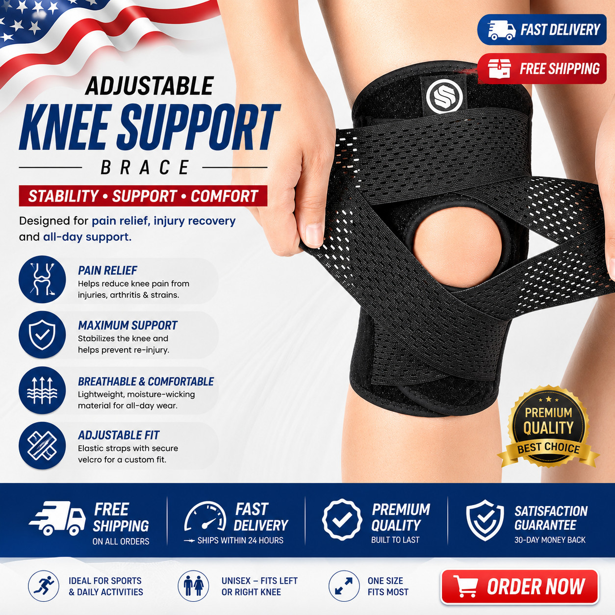 Knee Brace with Side Stabilizers for Knee Pain, Adjustable Knee Support for Meni