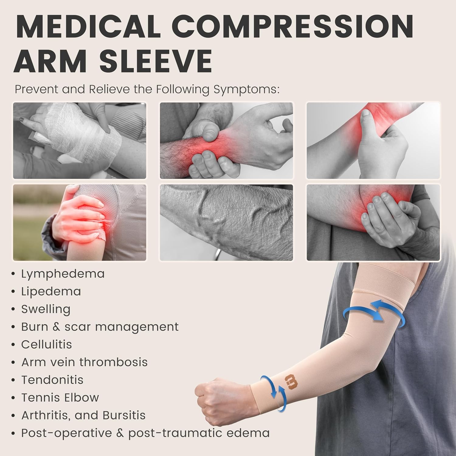 Single Beige XXL,ymphedema Compression Arm Sleeve for Women Men, Opaque, 15-20 M