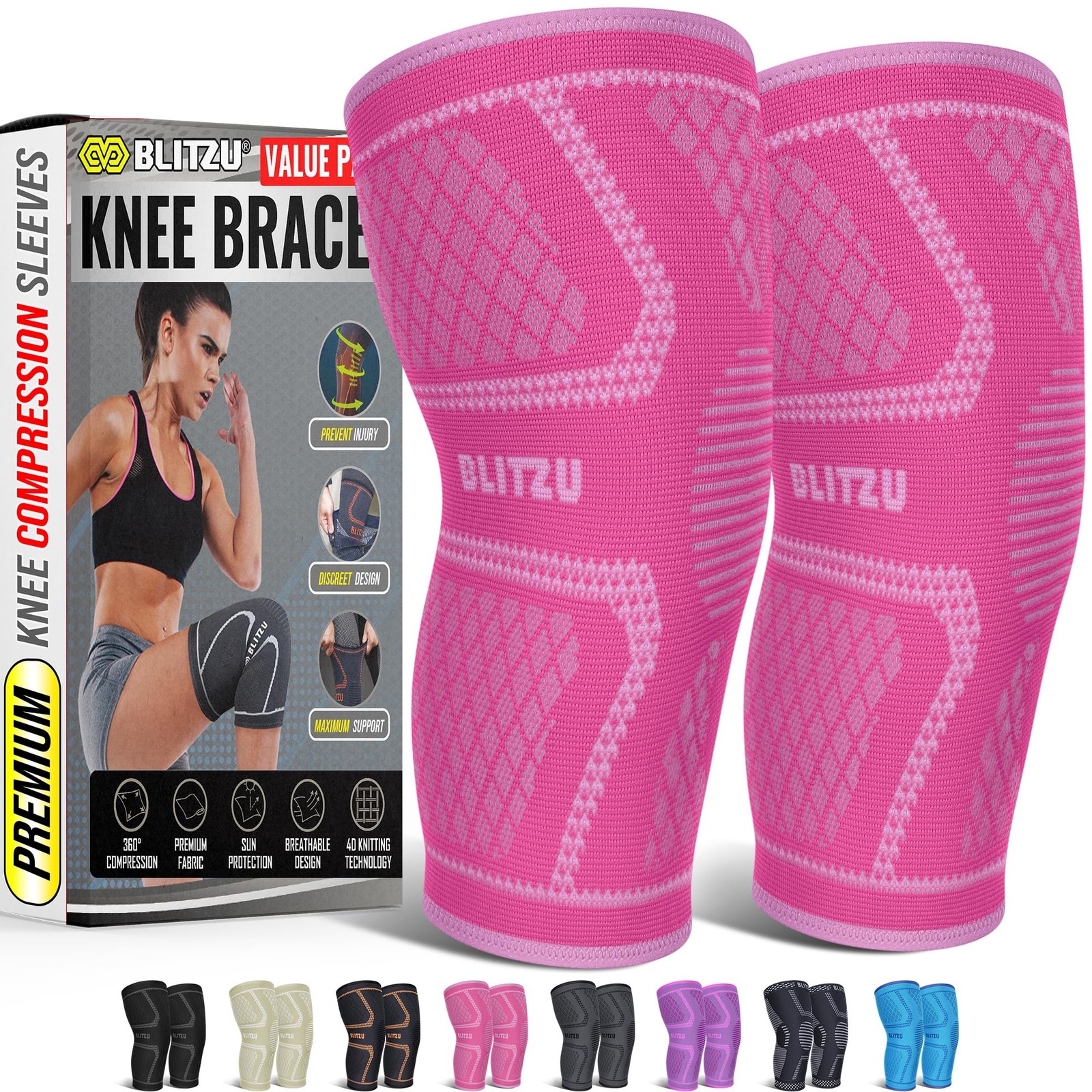Knee Brace Compression Sleeve Support 2Pcs Medium Pink Meniscus Arthritis Sports