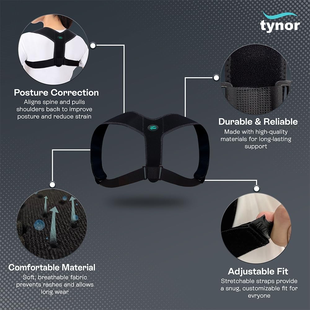 TYNOR Posture Corrector for Men & Women, Adjustable Upper One Size, Black