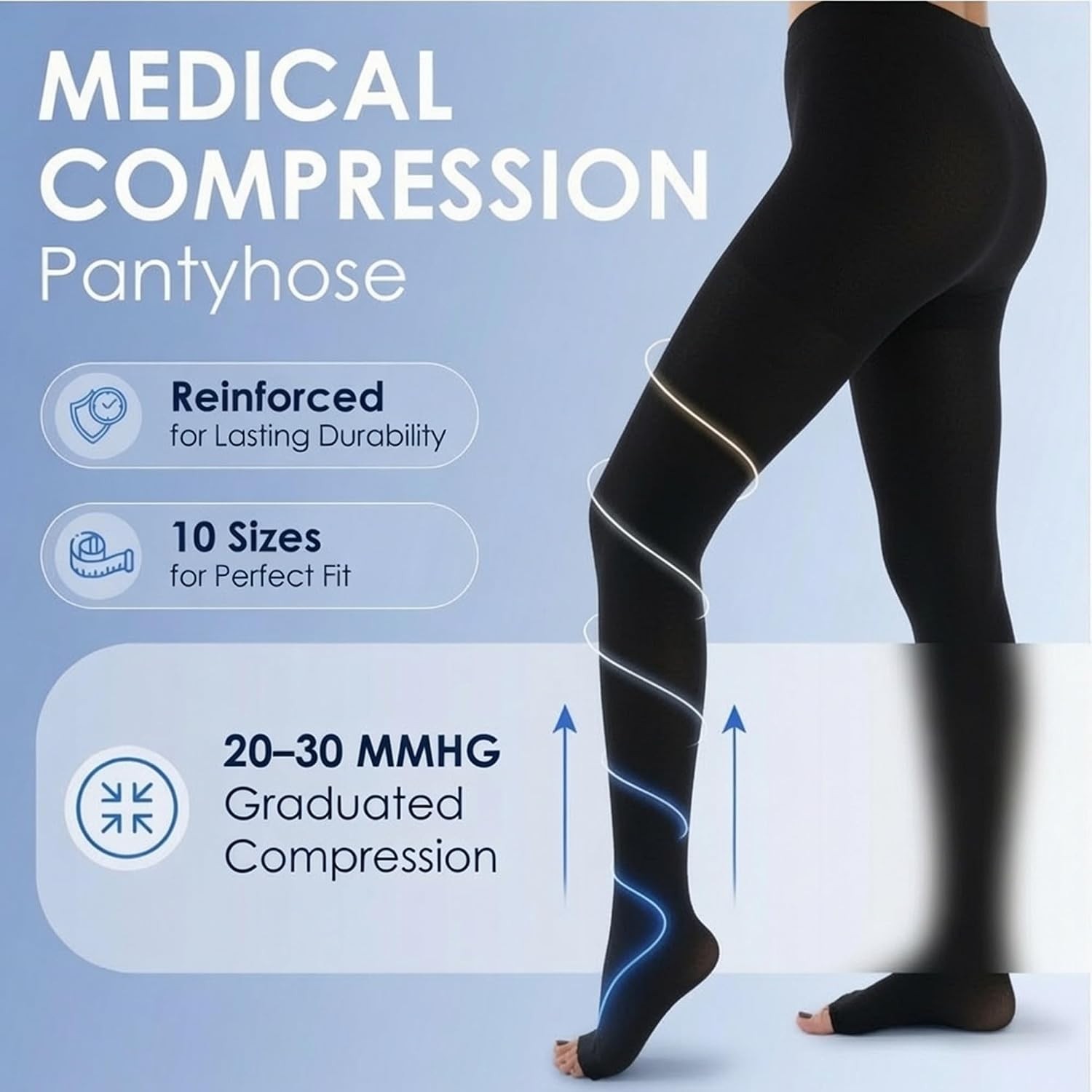 Compression Pantyhose 20-30mmHg Opaque Black Medium Reinforced Heel Open Toe Var