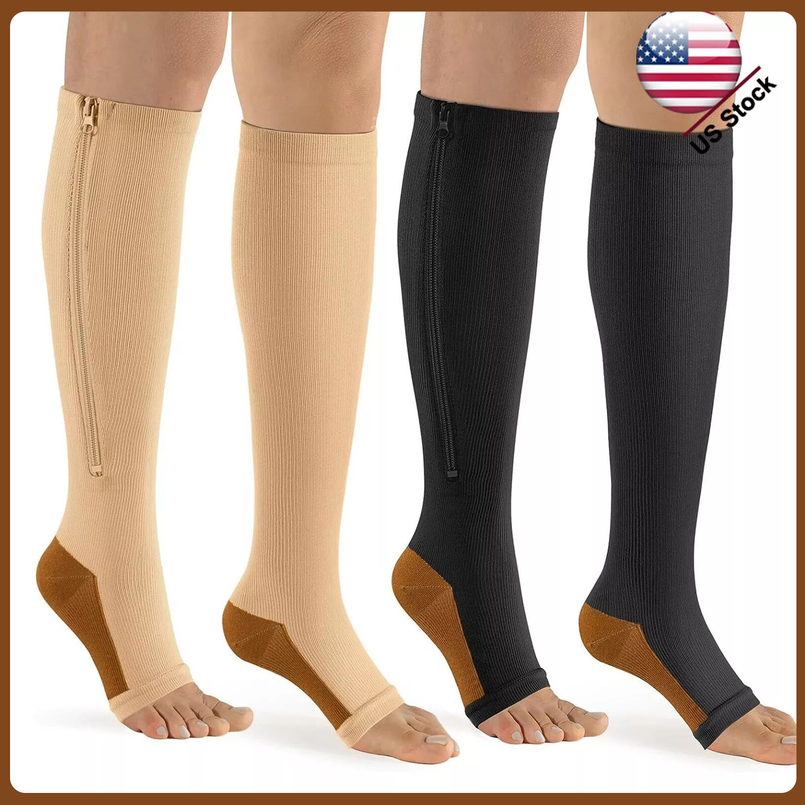 Open Toe Zipper Compression Socks 20-30mmHg Calf Leg Ankle Support Stocking
