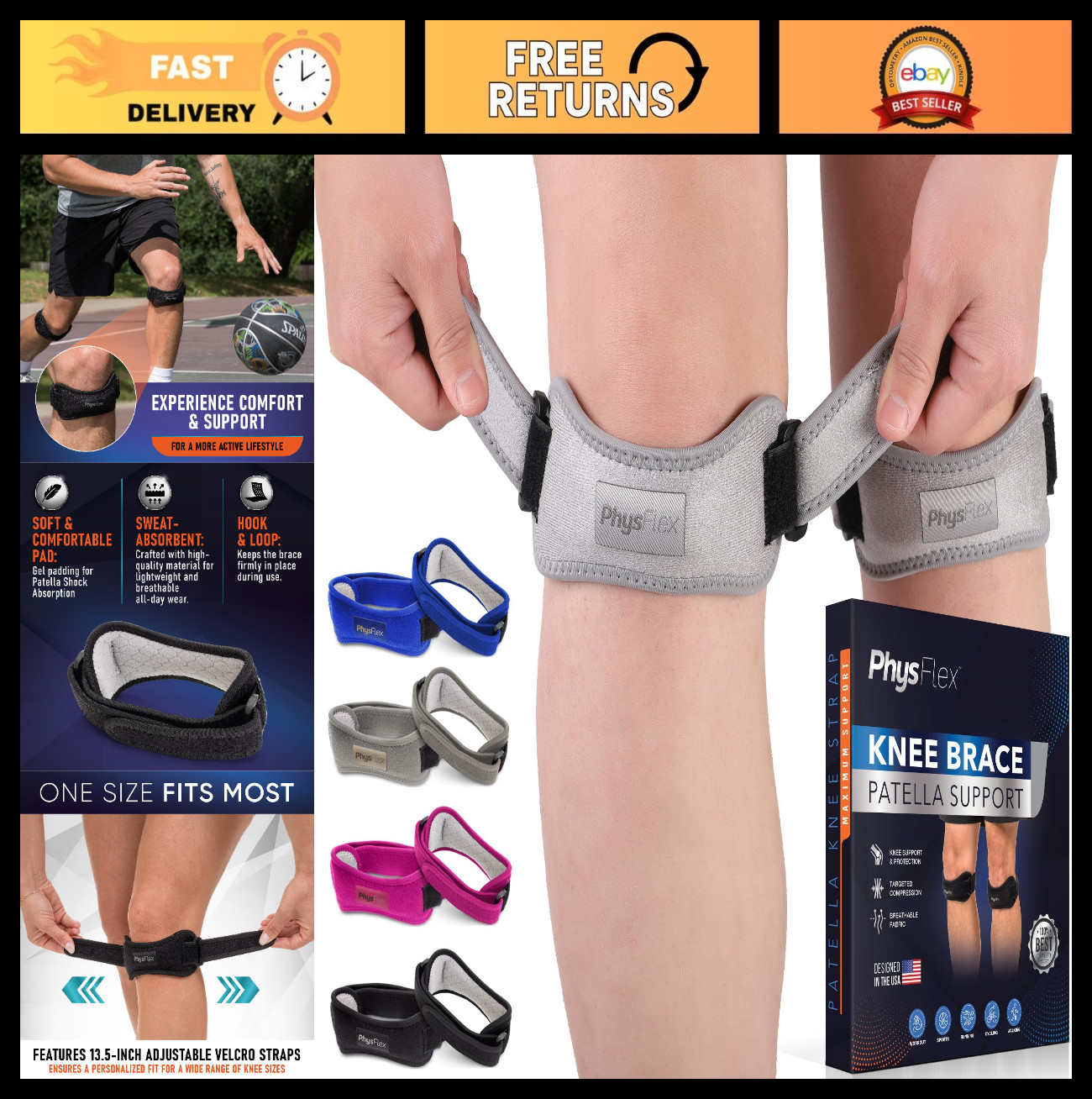 2 Pack Knee Brace Support Straps for Patellar Tendon Pain Relief, Adjustable Com