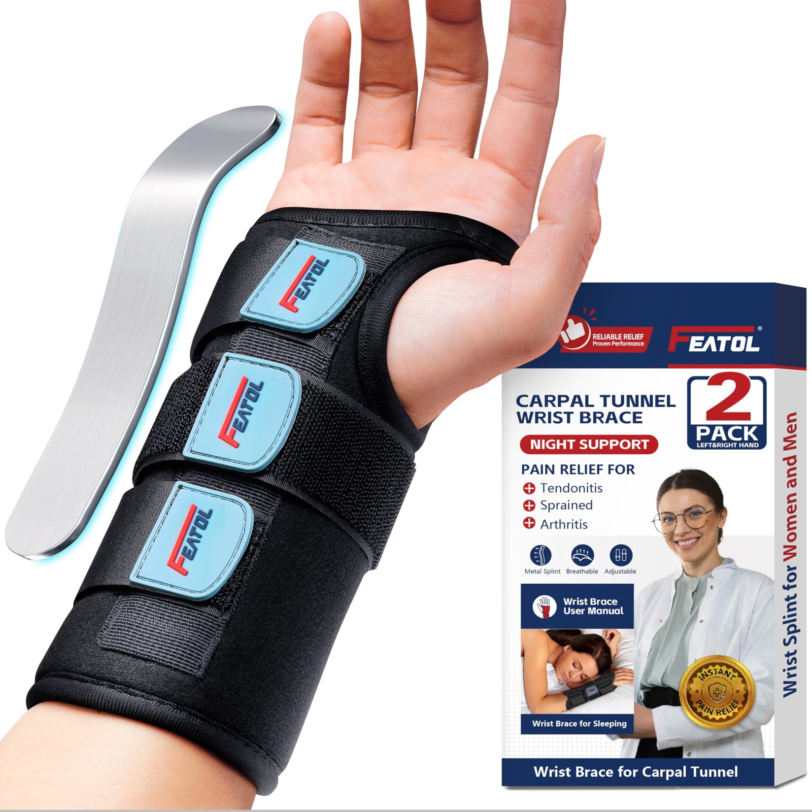 FEATOL Carpal Tunnel Wrist Brace Night Large/X-Large (Pack of 1), AQIS-3687