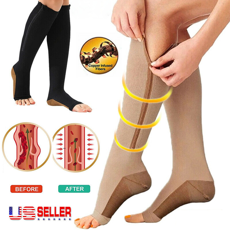 Zippered Medical Compression Socks 20-30mmHg Zipper Open Toe for Men Women USA