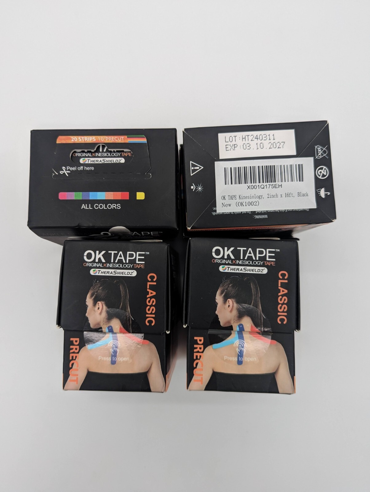 Lot Of 4 – OK TAPE Kinesiology Tape 10 inches Precut, 20 Strips, Black/Beige