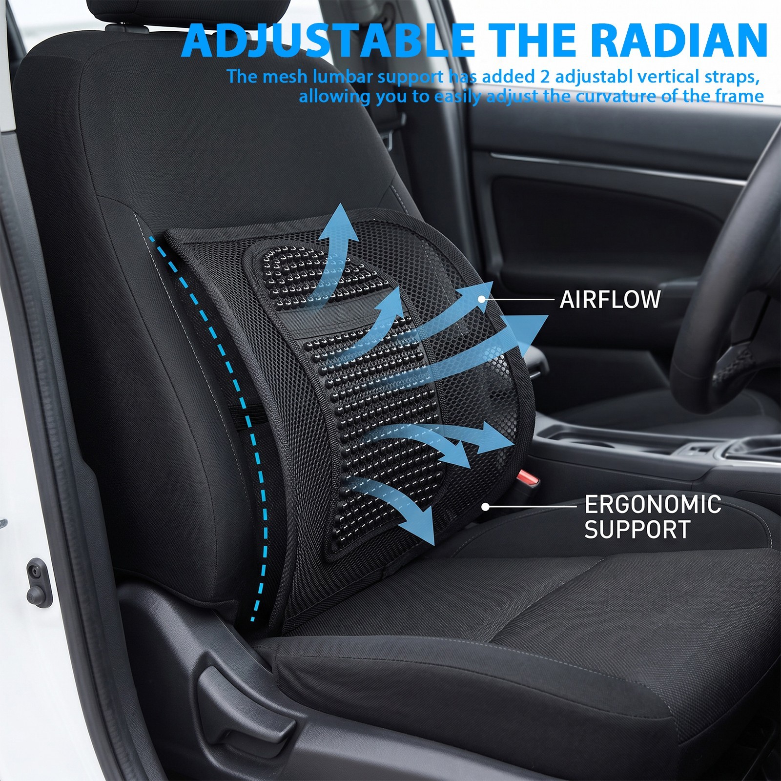 Car Seat Back Support Breathable Mesh Back Lumbar Support Cushion w/Massage Bead