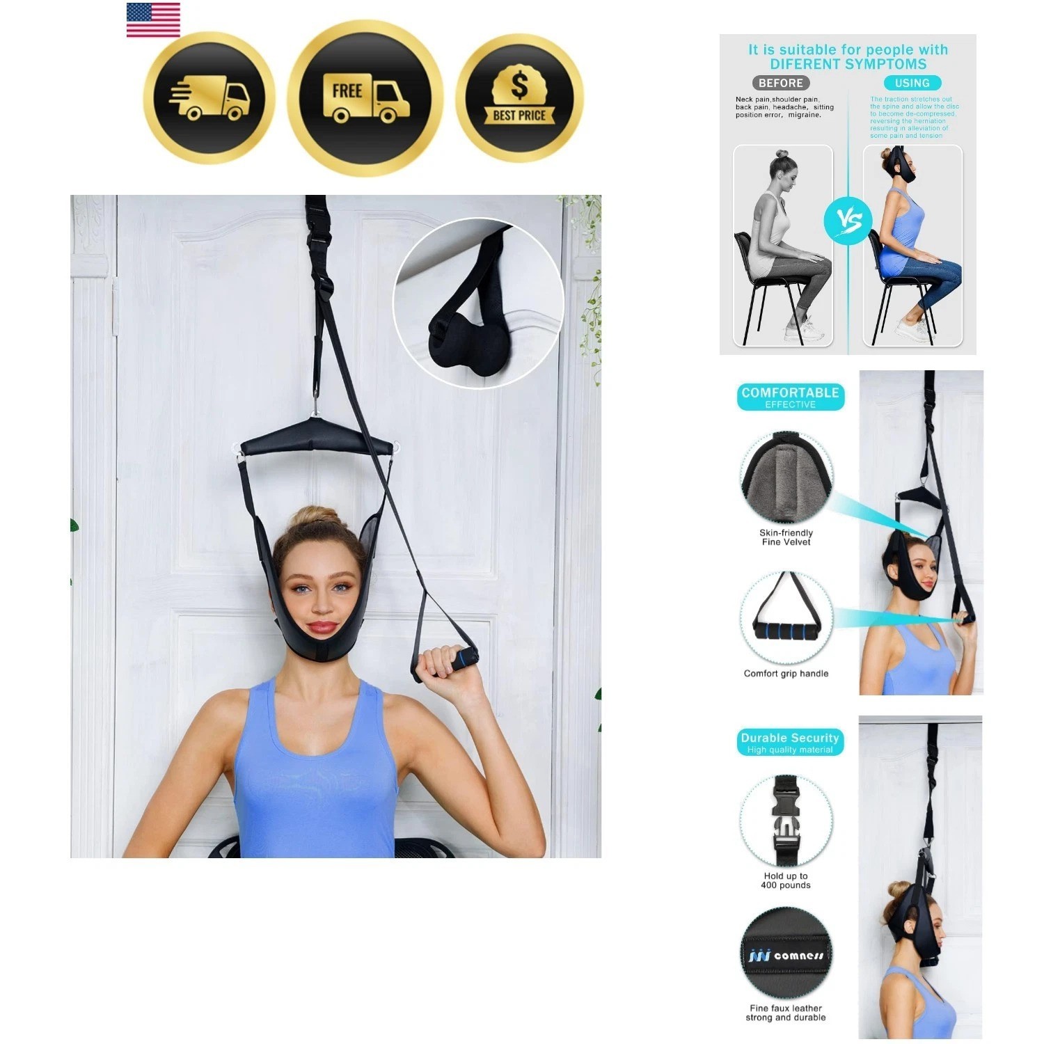 Cervical Neck Traction Device Over Door for Home Use, Portable Neck Stretcher…