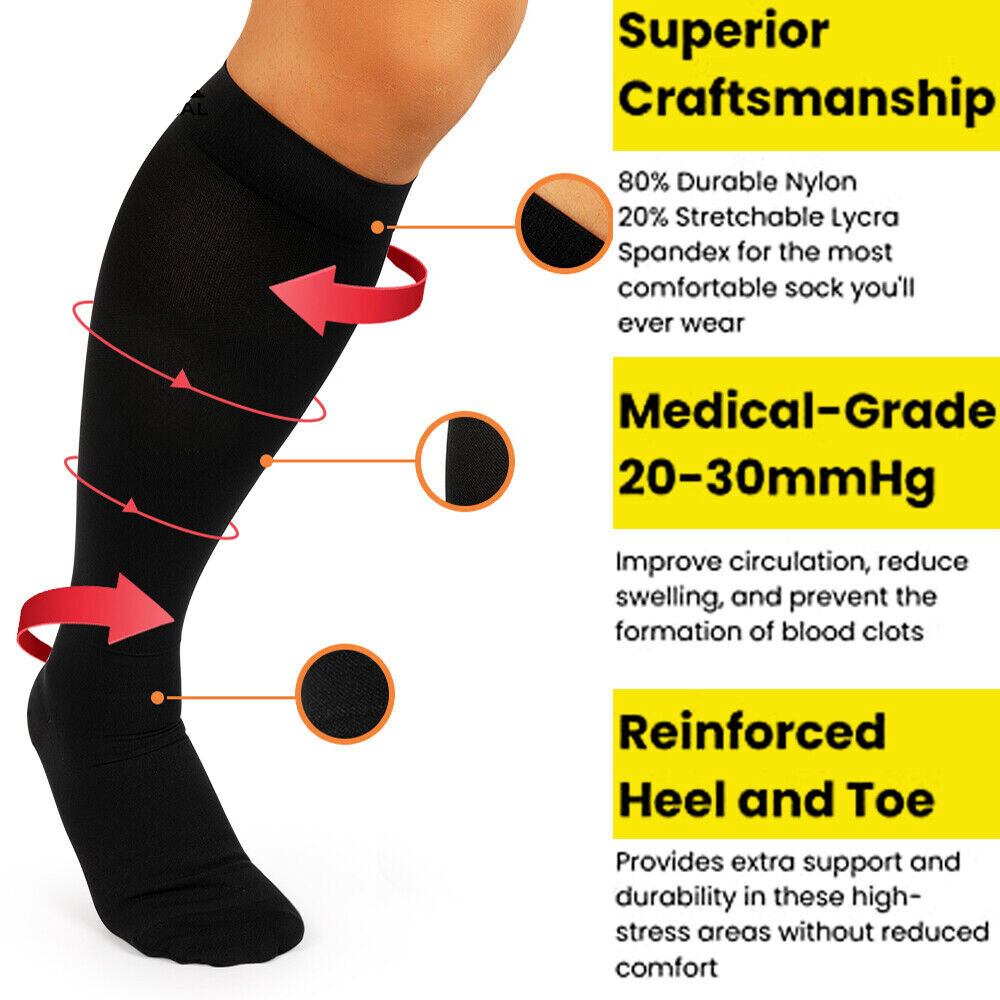 3Pairs Men/Women Diabetic-Knee High Close Toe Compression Cotton 20-30mmHG Socks