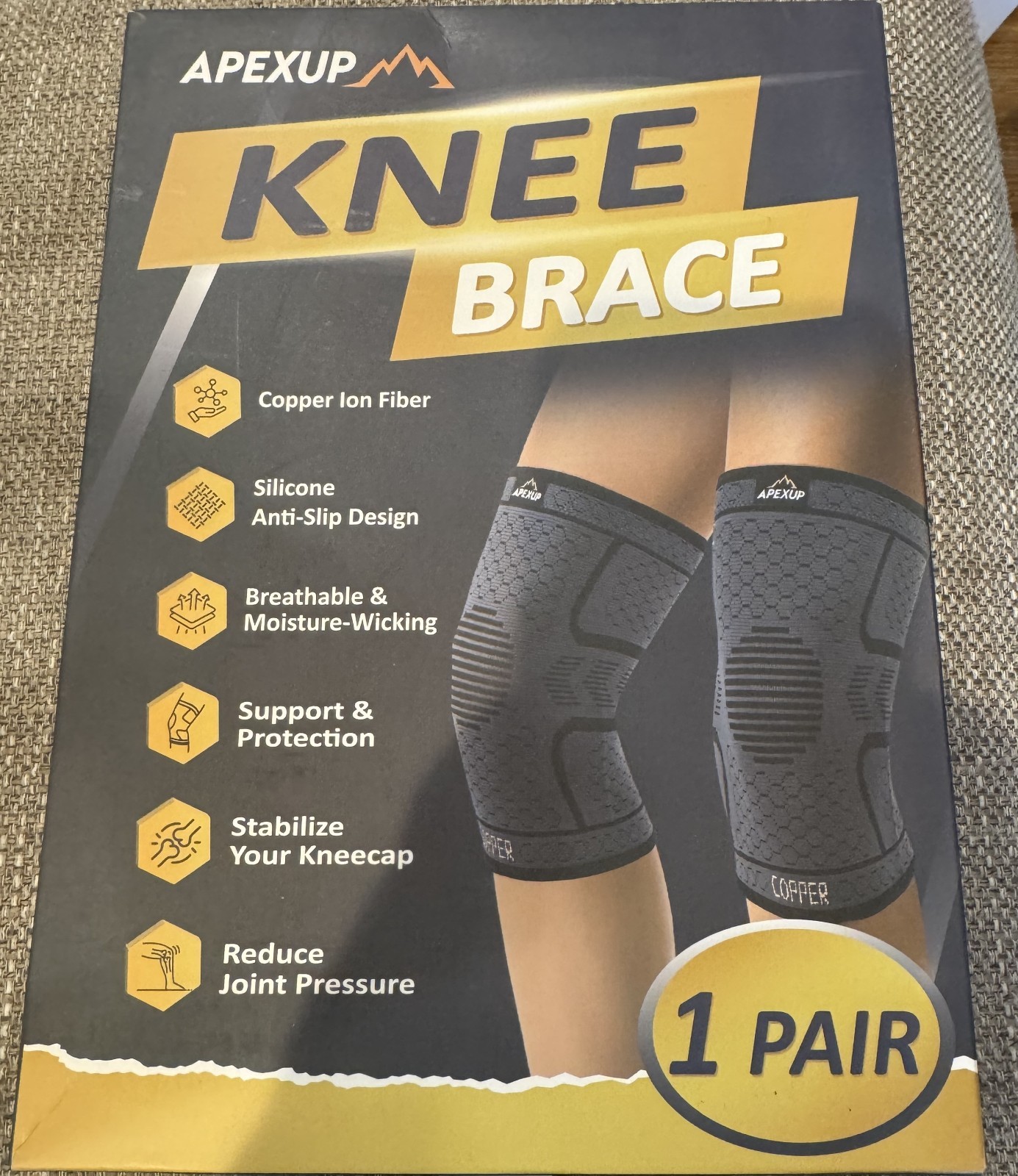 New Apexup Copper Ion Fiber Pair Knee Brace Set Gray Small
