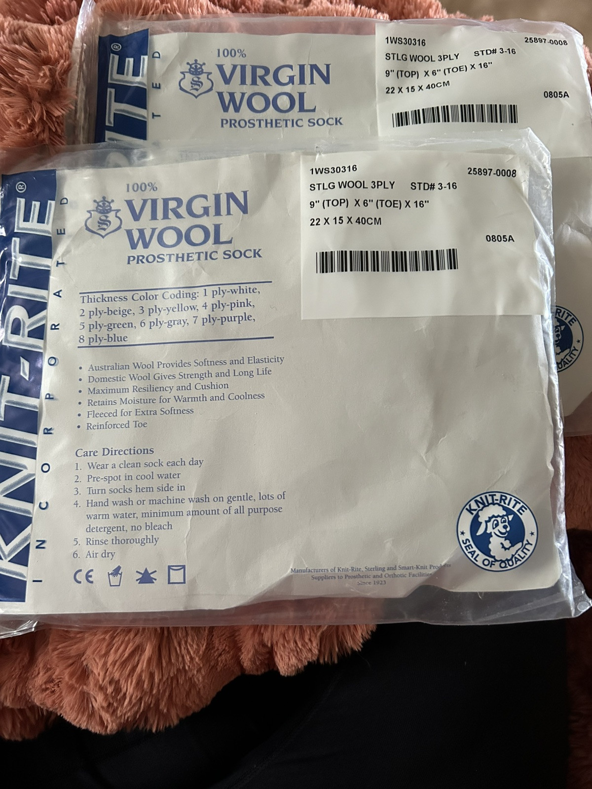 (2) Knit-Rite 100% Virgin Wool Prosthetic Socks 3 Ply Sz 3 9″top 6″ Toe
