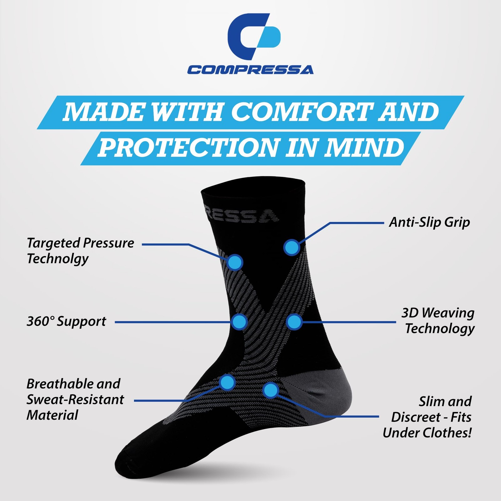 Compressa Compression Socks for Women & Men – Ankle Closed Toe, Black/Grey