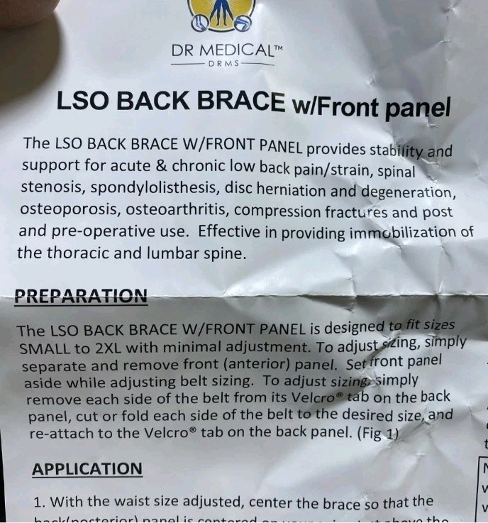 Dr Medical Universal Size DRMS LSO Back Brace w/ Front Panel NEW S-2XL