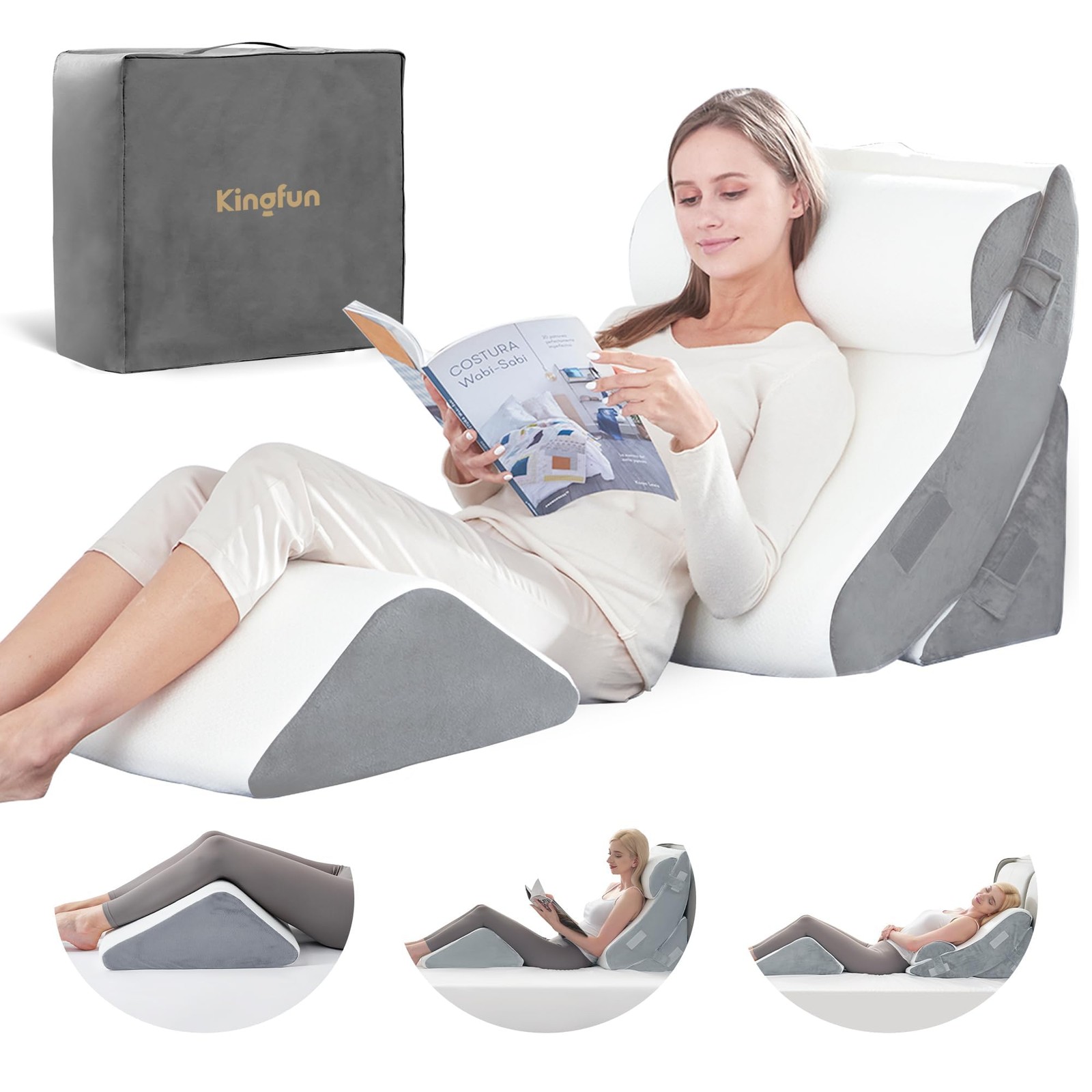 Kingfun 4PCS Orthopedic Bed Wedge Pillow Set for Sleeping, 4 Piece Set, White