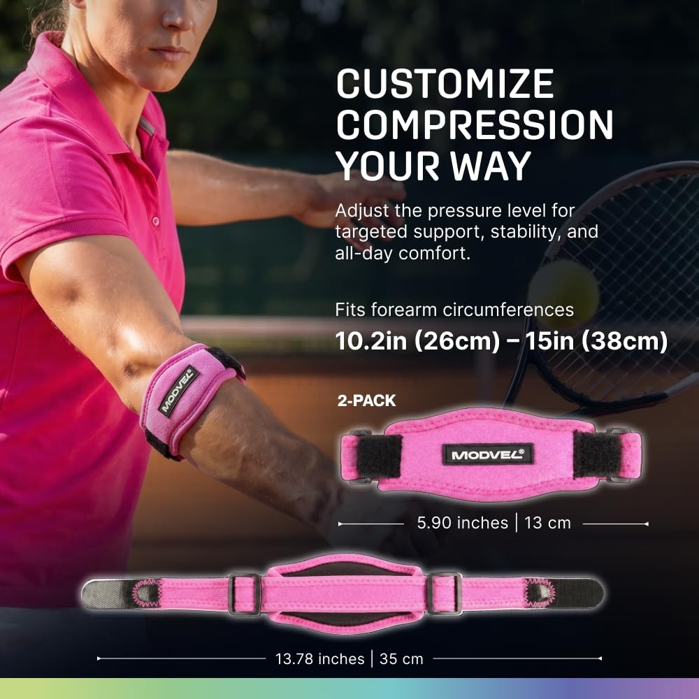Modvel Adjustable Elbow Patellar Tendon Support Strap, Golf & One Size, Pink