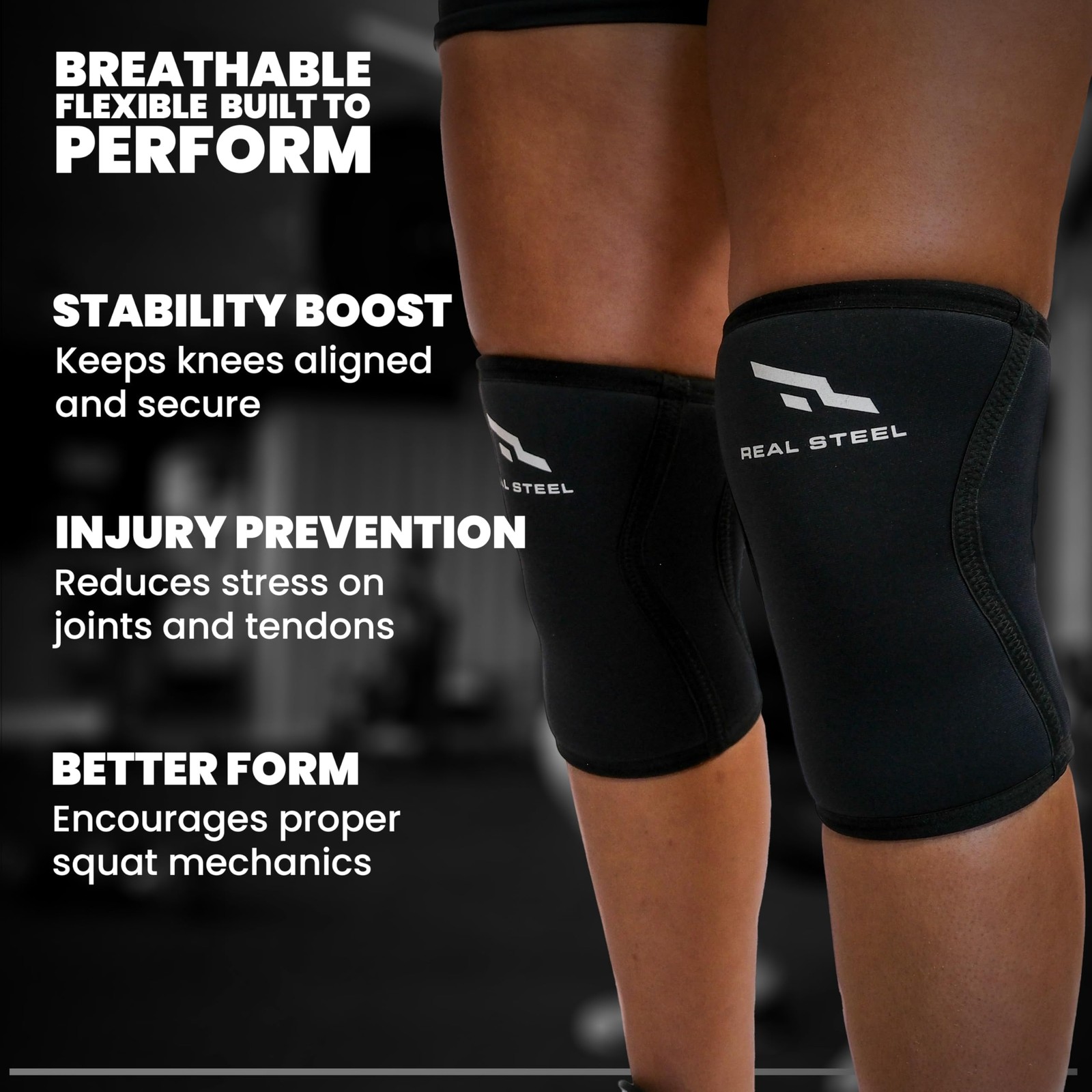 Real Steel Knee Sleeves (1 Pair) With Gym Bag – 7mm Large, Black