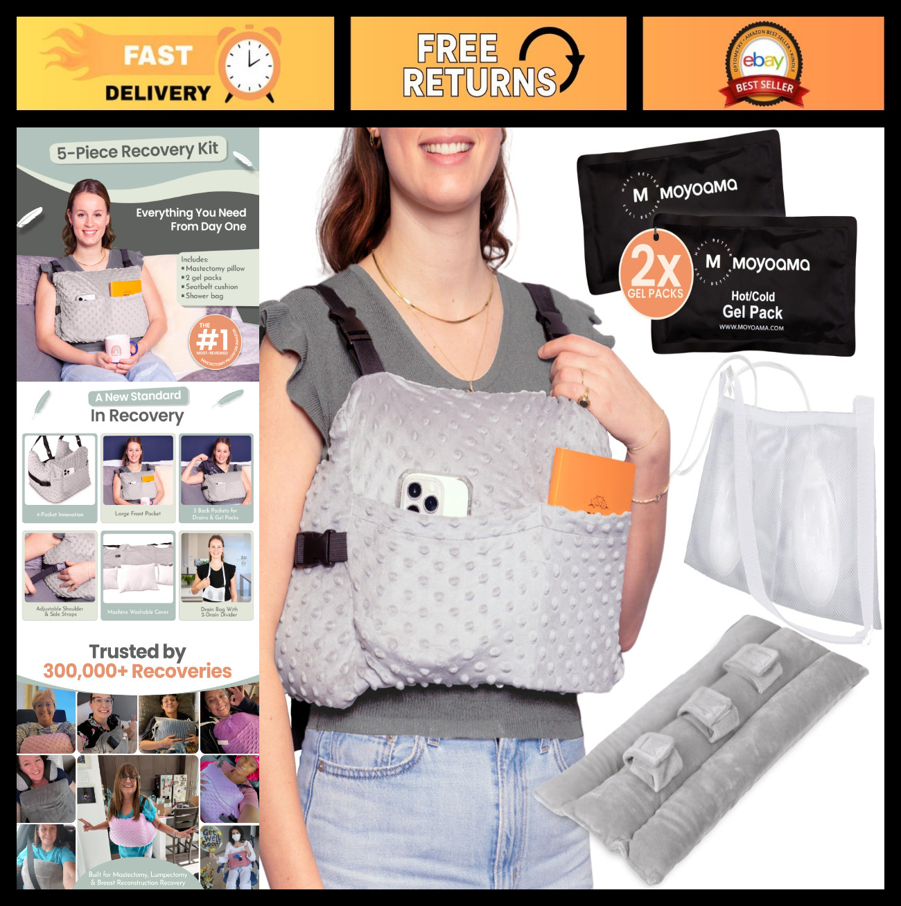 Post Mastectomy Pillow with Secure Strap & Washable Cover – Breast Surgery Recov