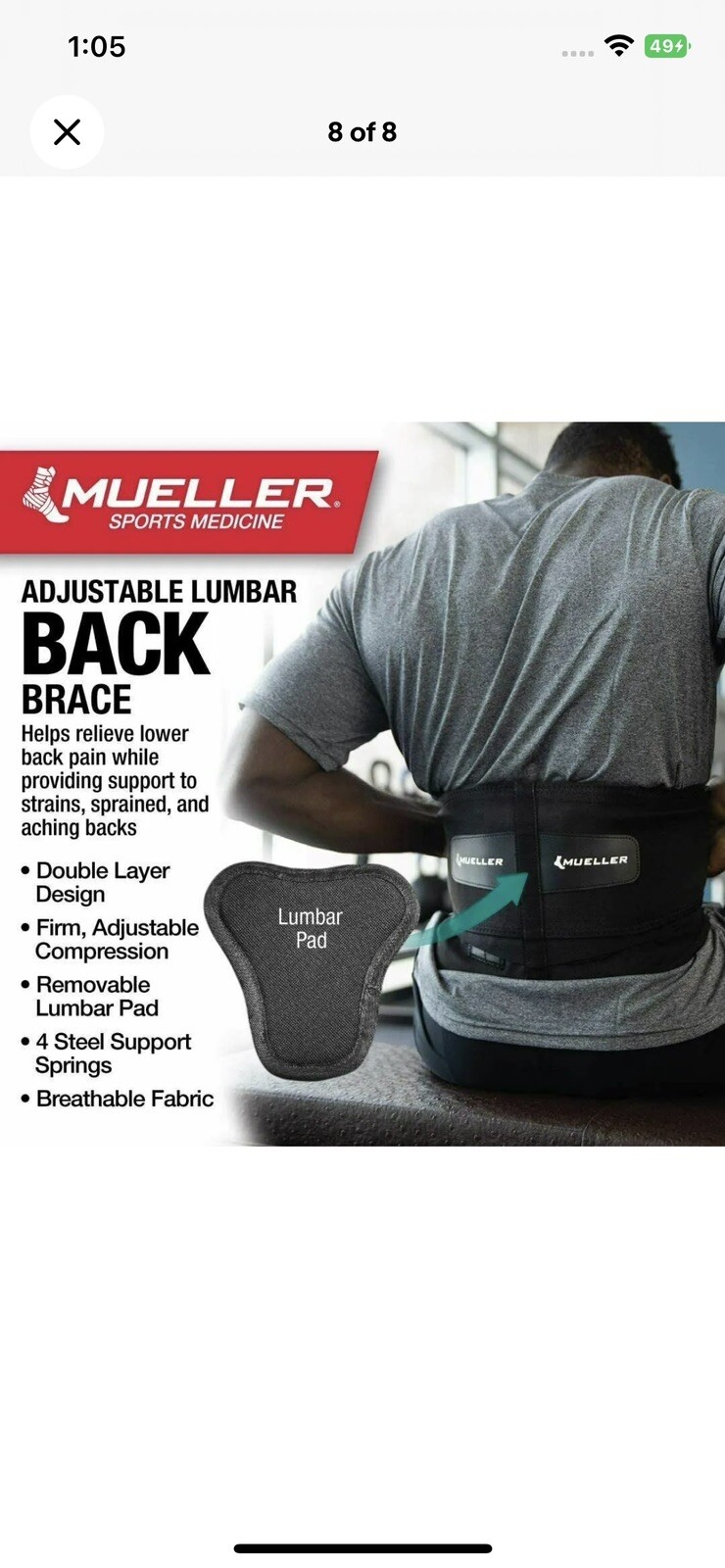 Mueller 255 Lumbar Support Back Brace Removable Pad Black PLUS SIZE “Used”