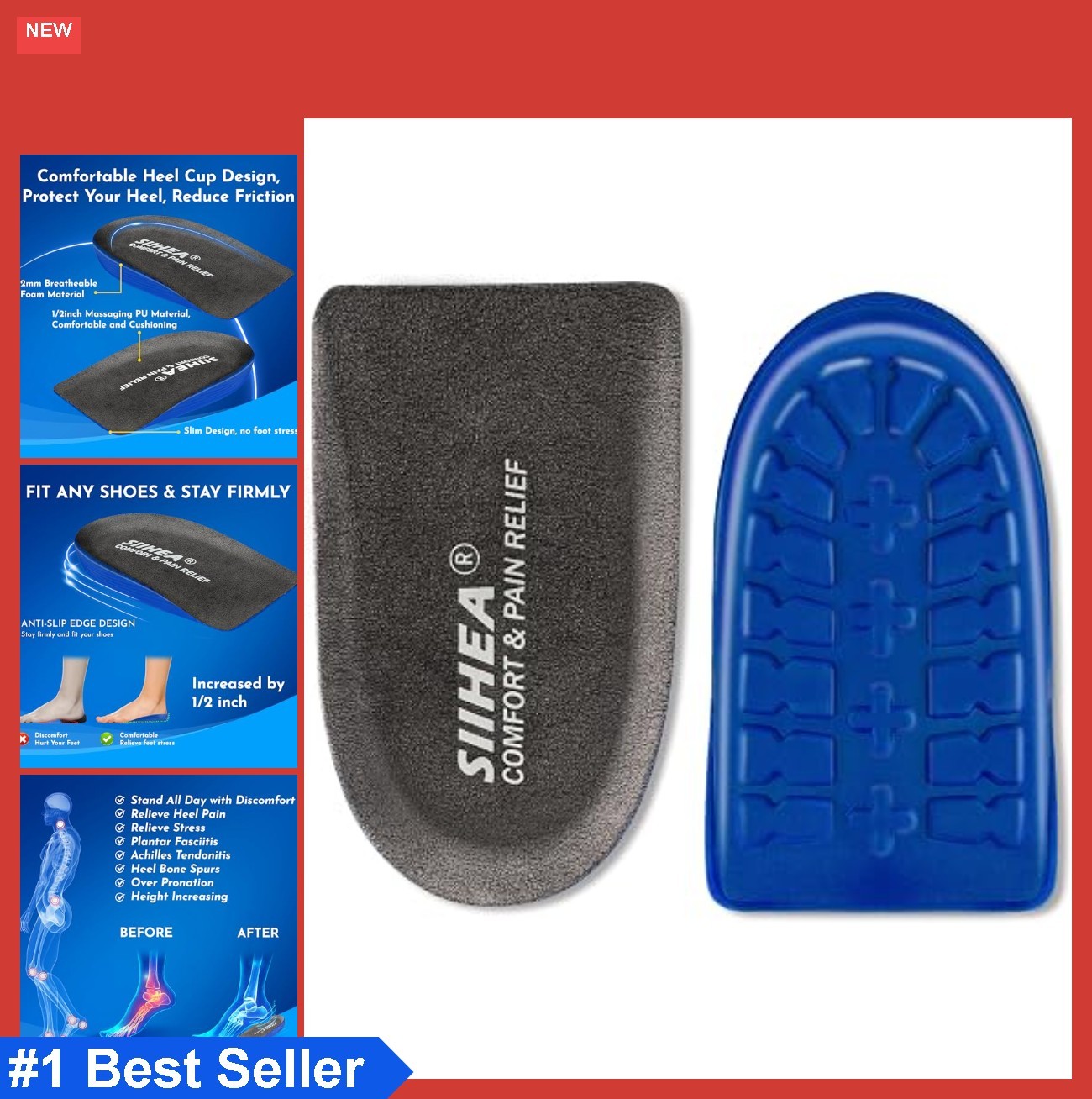 Heel Pads Cushions 1/2 Inch Shock Absorption Plantar Fasciitis Relief Shoe
