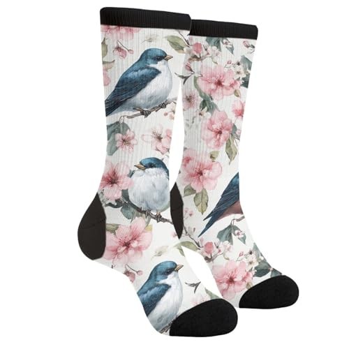 Rutuioy Men Women Funny Crazy Novelty Crew Tube Socks, Blue Bird Floral White