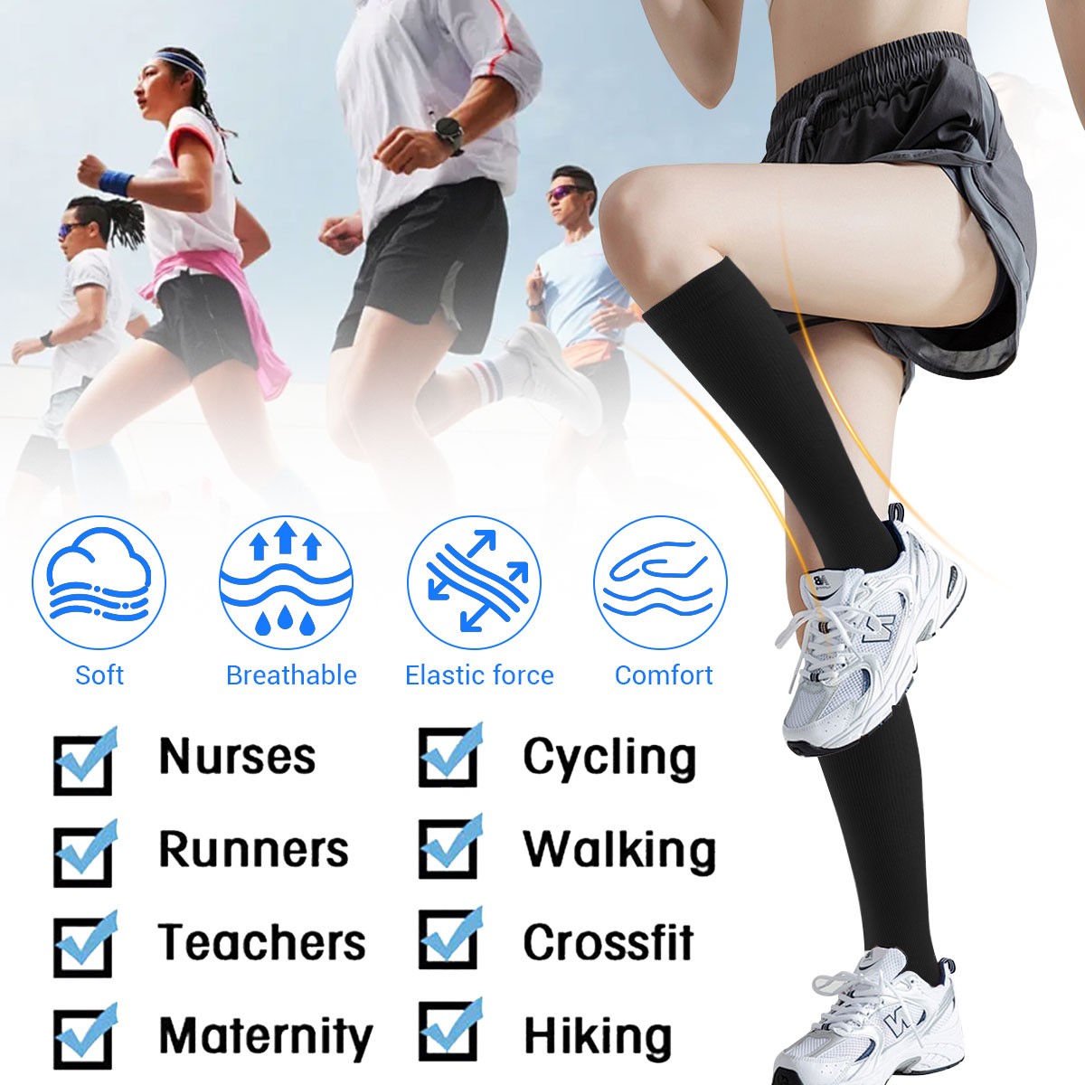 (5 Pairs)15-20mmHg Graduated Compression Support Socks Knee High Men Women S-XXL