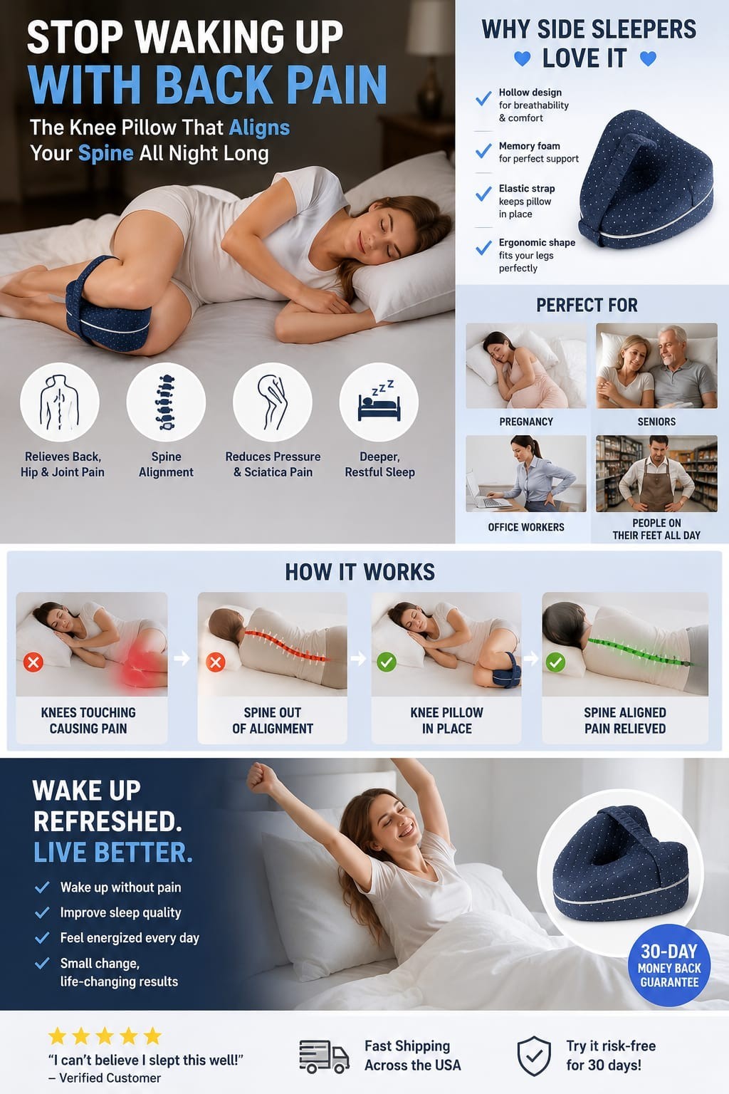 Knee Pillow for Side Sleepers, Memory Foam Leg Support with Adjustable Strap, Br