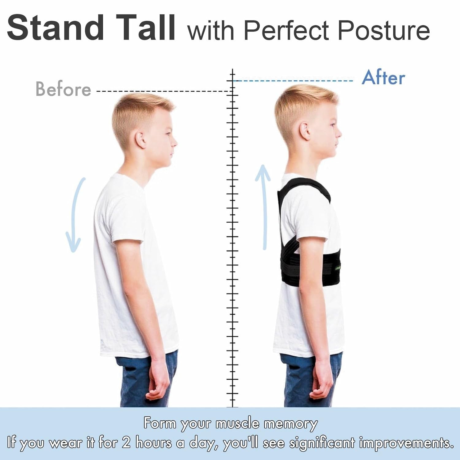 Black Kids Back Brace Medium Adjustable Support Belt for Growing Teens and Youth