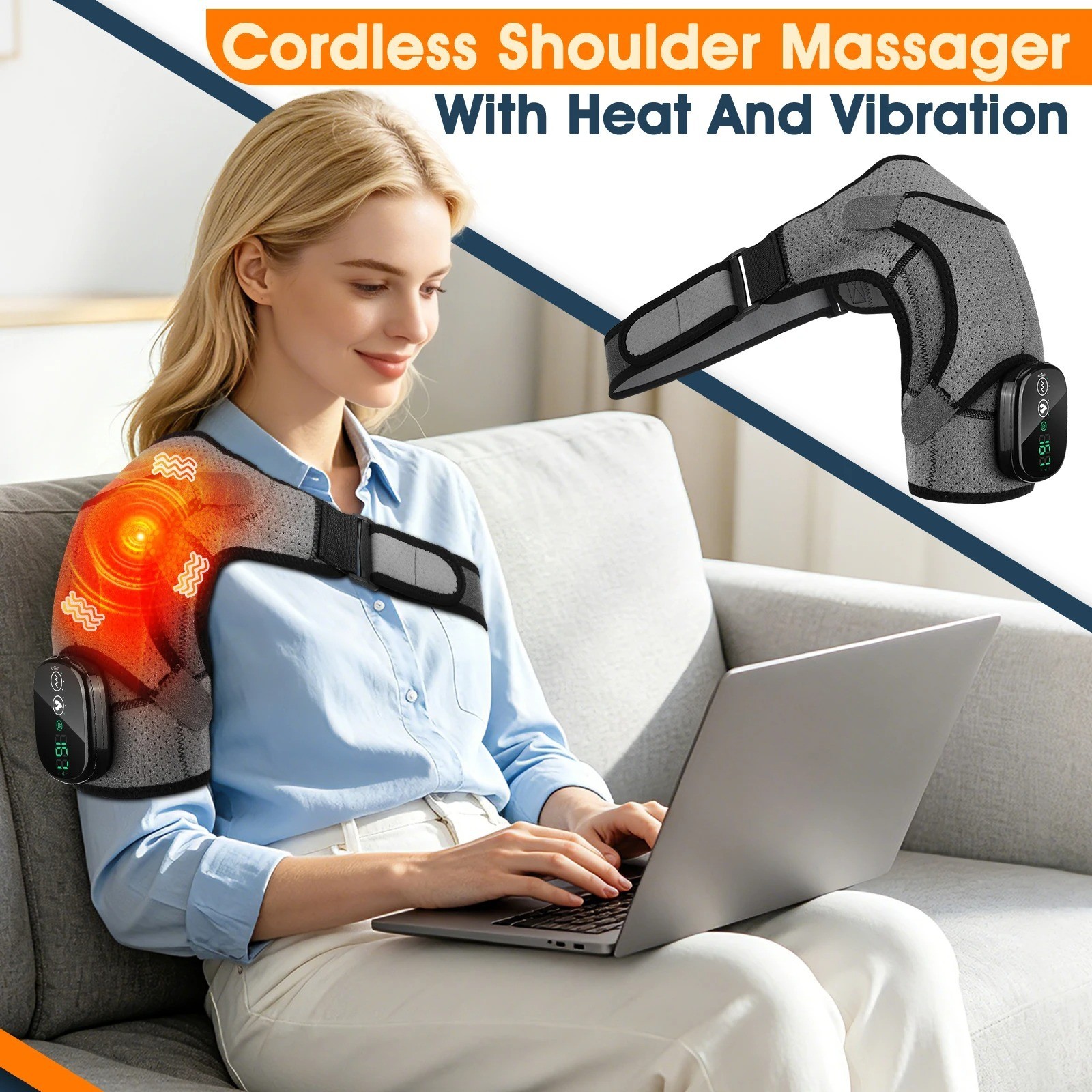 Cordless Heated Shoulder Massager Vibration Brace Hot Compress Support Belt