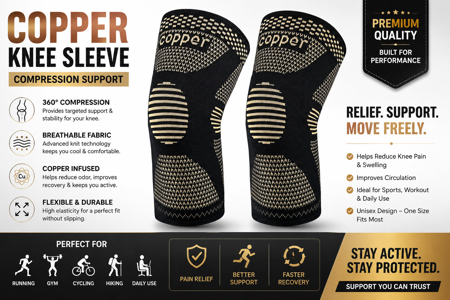 2x Knee Sleeves Copper Compression Brace Support Sport Joint Injury Pain
