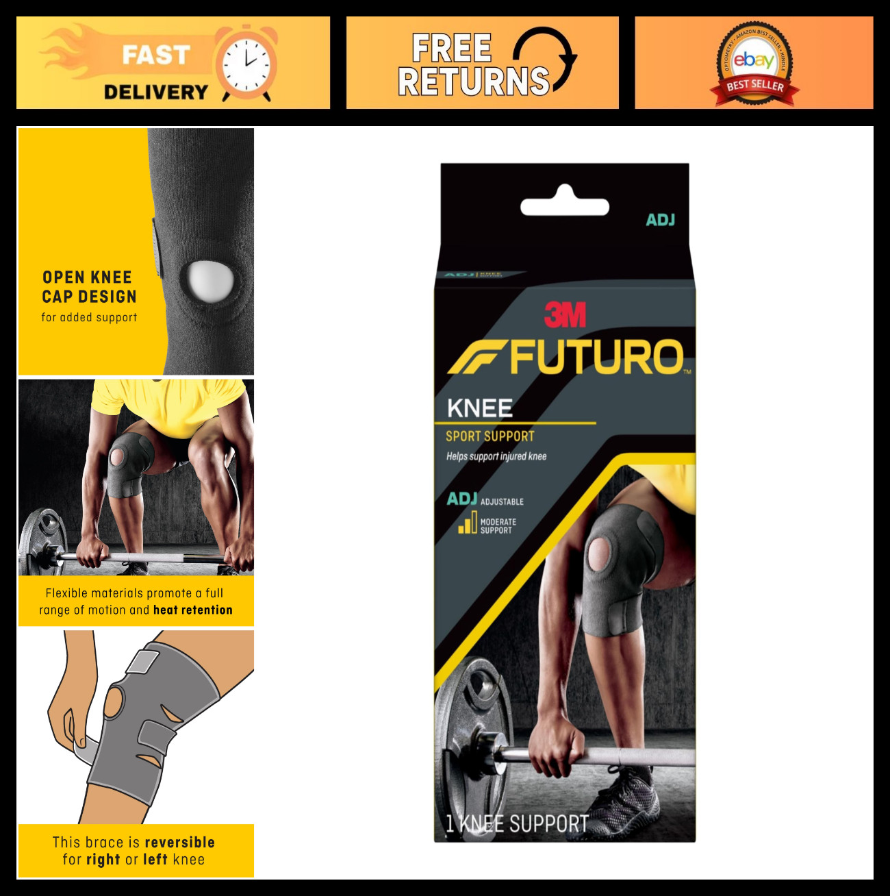 Sport Knee Support Brace for Athletes & Daily Use – Adjustable One Size, Black
